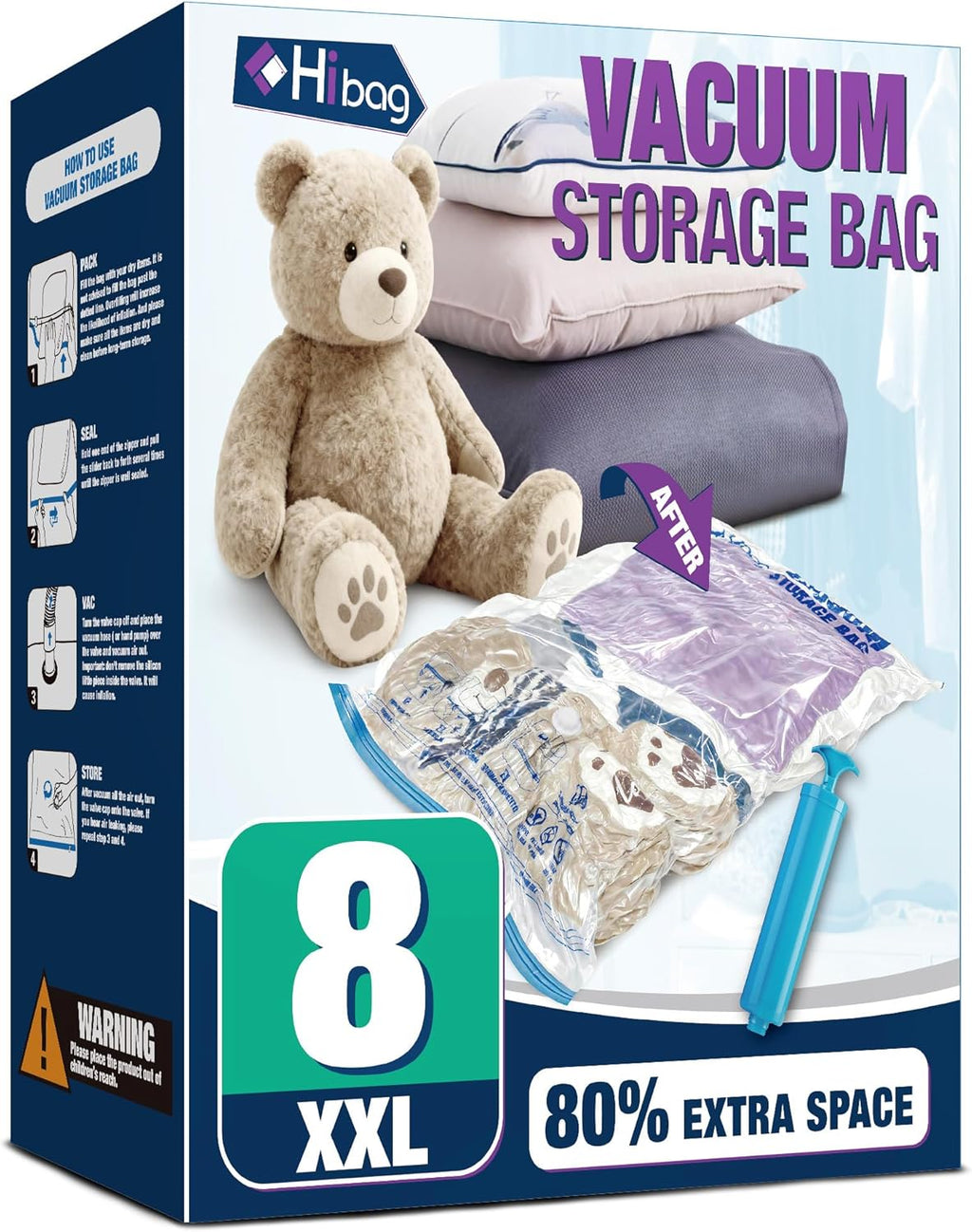 XXL Jumbo Vacuum Storage Bags - 47''X35'' Extra Large for Blankets & Comforters with Hand Pump (8 Pack)
