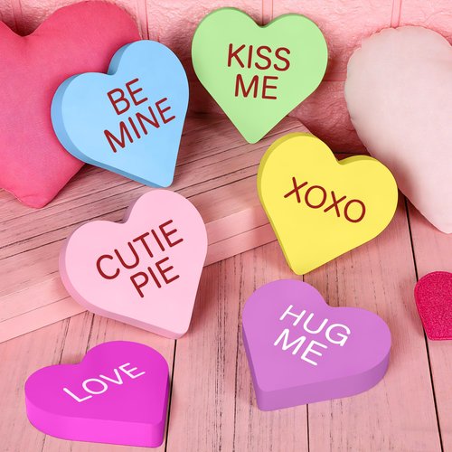 6 Pcs Wooden Hearts Valentines Decor, Colorful Conversation Hearts Decorations Heart Shaped Table Signs, Pastel Printed Valentines Decorations Tabletop Centerpiece for the Home Tray Valentine Wedding