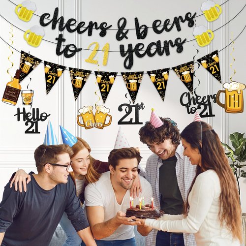 Black Gold 21st Birthday Decorations for Him Men, Glitter Pre-Strung Cheers to 21 Years Banner Hello 21 Hanging Swirls Paper Triangle Flag Banner Decorations Bday Party Supplies Kit