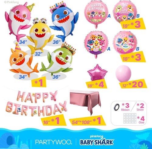 Baby Shark | PartyWoo 37-Piece Foil Balloon Set - Pink Round & Star Mylar Birthday Decorations for Kids