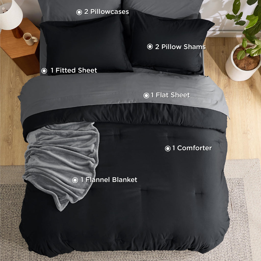 Bedsure Queen Comforter Set Black, 8 Pieces Prewashed Queen Size Bed in a Bag with Soft Fleece Bed Blanket, Down Alternative Bedding Set for All Seasons, Sheets, Pillowcases & Shams