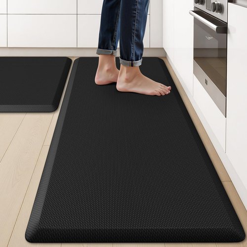 KitchenClouds 2PCS Kitchen Rugs Cushioned Anti-Fatigue Non-Slip Water Resistant Kitchen Mat Comfort Foam Standing Mat for Floor Office Sink Laundry (Black)