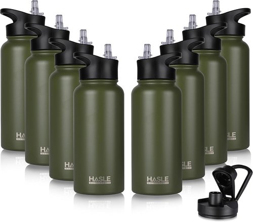 HASLE OUTFITTERS 32 oz Insulated Stainless Steel Water Bottle - Double Walled with 2 Lids (Army Green)