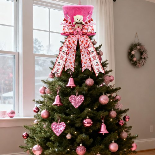 ARTSEMI Valentine Tree Topper Hat, Pink Valentines Day Decorations Tree Topper with Plush Bear and Heart Bows, Valentines Ornaments Party Decor