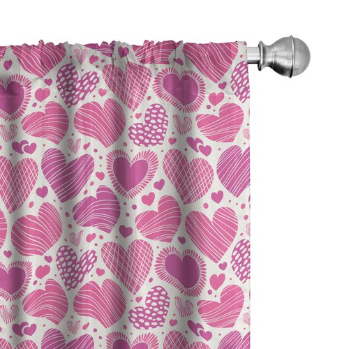 Ambesonne Valentines Window Curtains Pack of 2, Romantic Heart Shapes with Many Different Designs Polka Dots Crossed Lines, Lightweight Set with Rod Pocket, 4 Panels of - 28" x 84", Pink White