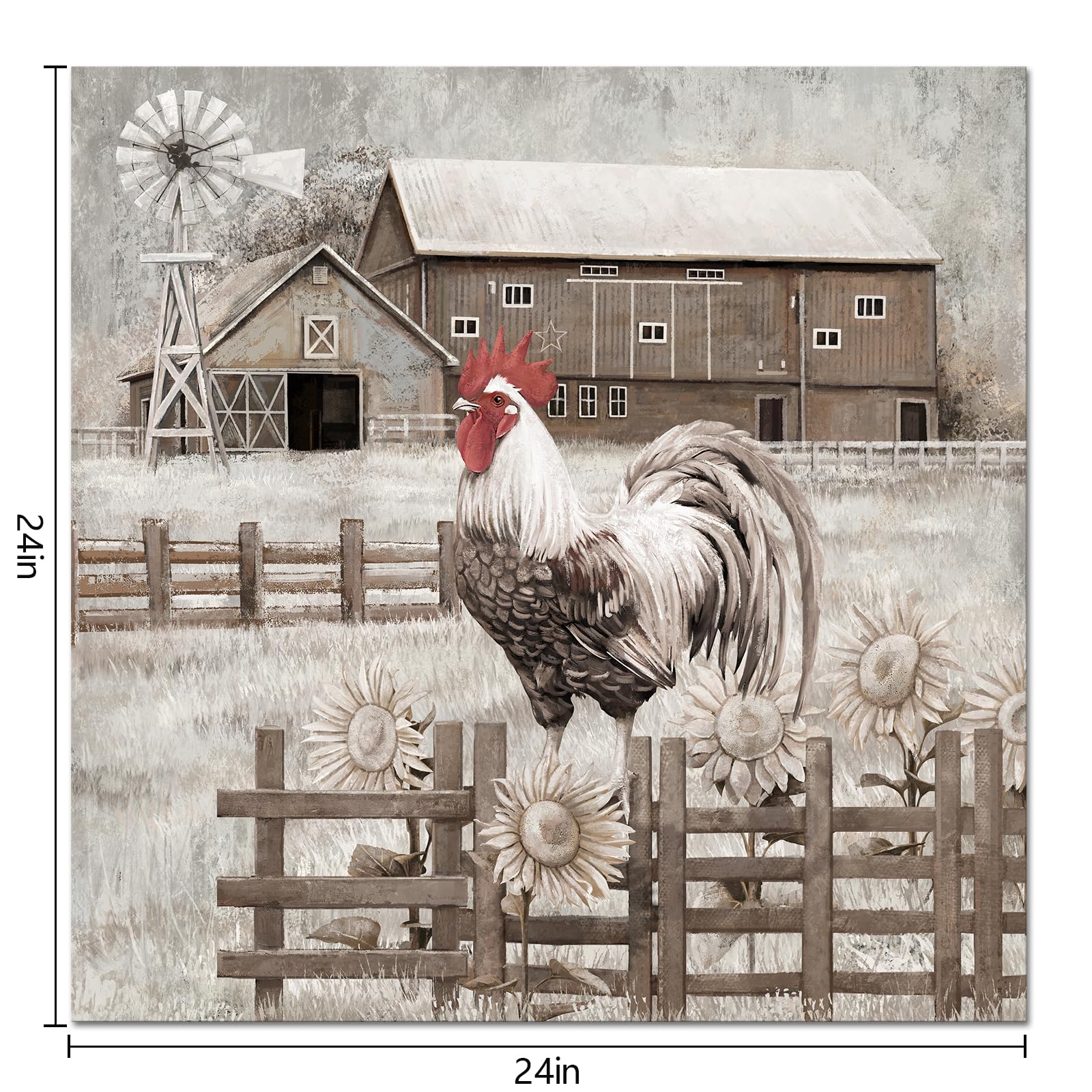 WELMECO Chichen Farmhouse Wall Art Rooster Painting Country Wall Decor Framed Artwork Farm Decor Picture 24x24inch