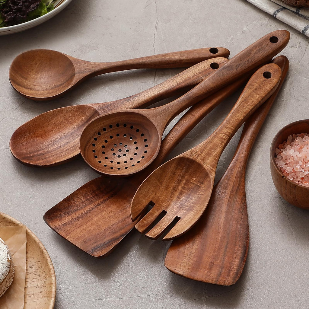 Premium Teak Wooden Spoons for Cooking, 6-Piece Wood Kitchen Utensils Set for Nonstick Cookware - Heat Resistant, Natural Healthy Spatula Set with Hanging Holes - Durable, Scratch-Free & Handcrafted