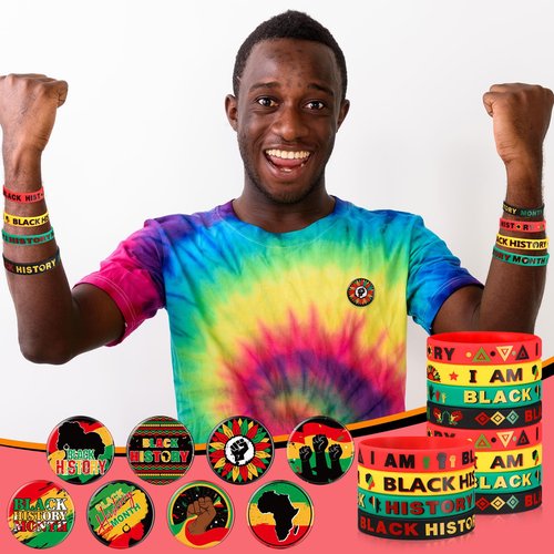 Blosssound 96 Pieces Black History Month Gifts Include 48 Black History Month Silicone Bracelets and 48 Button Pins for Favors Stuffers