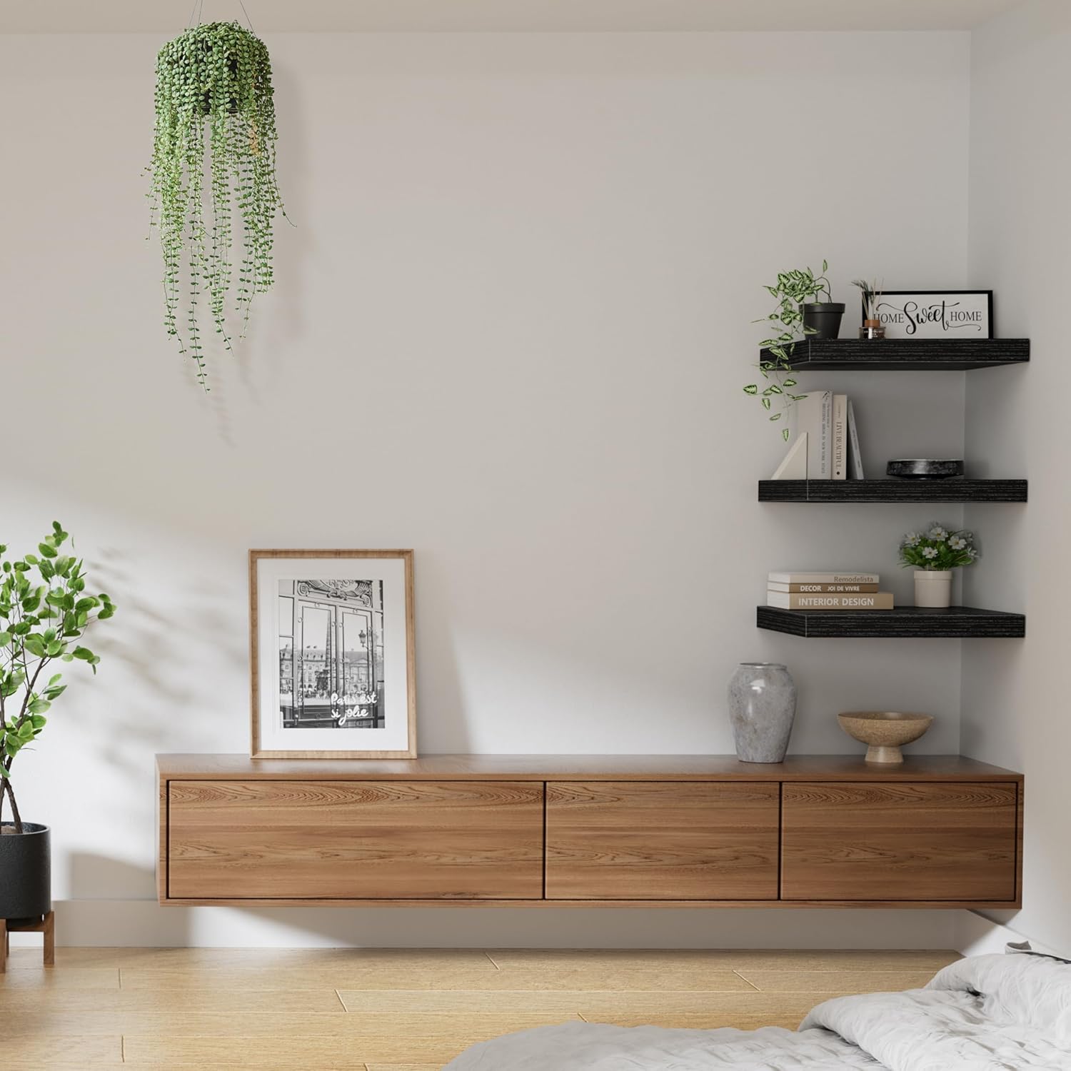 QEEIG 10" Deep Floating Shelves - Set of 3 Black Wall-Mounted Bookshelves for Bathroom, Bedroom, Kitchen & Living Room