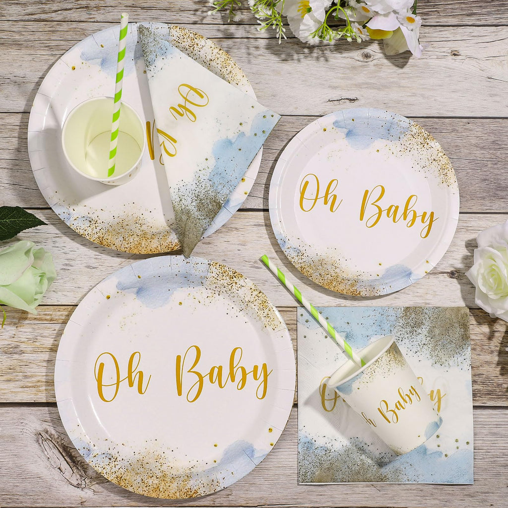 Xiangqu 175 Pcs Baby Boy Shower Plates and Napkins, Dusty Blue Baby Shower Decorations Includes Plates Napkins Cups Plastic Utensils for Boy Birthday, Serve 25 Guest