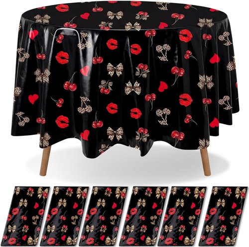 Ganeen 6 Pcs Cheetah Cherry Plastic Tablecloths - 84 Inch Round, Waterproof & Disposable for Parties