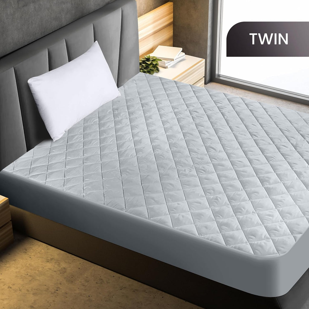 Utopia Bedding Quilted Twin Mattress Pad - Elastic Deep Pocket Protector | Machine Washable Light Grey