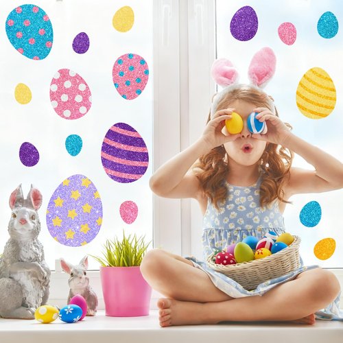 Whaline 9 Sheets Glitter Valentine' s Day St. Patrick' s Day Easter Window Clings Window Decal Heart Shamrock Egg Reusable Anti-Collision Windows Decor for Holiday Party Supplies
