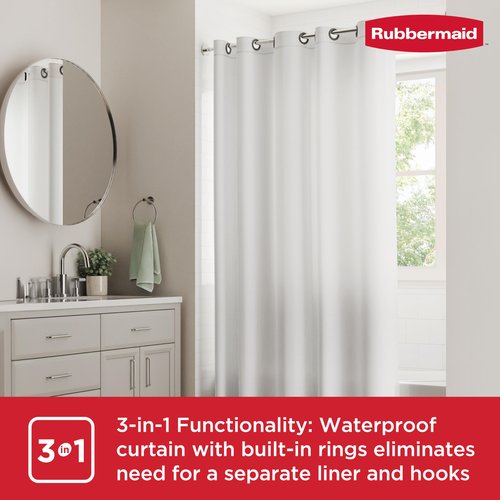 Rubbermaid White No Hook 3-in-1 Shower Curtain, Heavyweight Waterproof PEVA Instacurtain for Bathroom with Magnets and Charcoal Gray Built-in Rustproof Rings, 71” x 74”, White