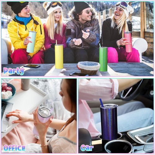 Potchen 12 Packs Glitter Skinny Tumblers with Lids and Straws Bulk, 20 oz Stainless Steel Double Wall Vacuum Insulated Cup Coffee Tumbler Travel Water Mug for Hot Cold Drink, Rainbow Colors