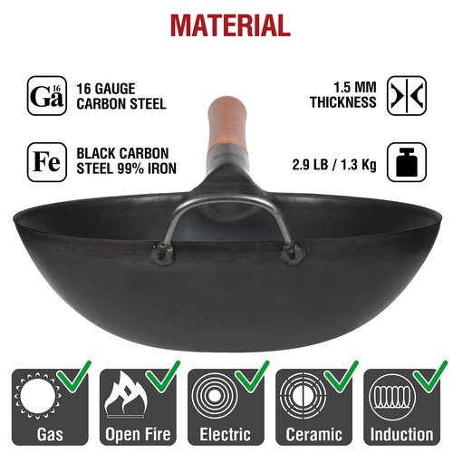 YOSUKATA 11.8" Carbon Steel Wok Pan – Pre-Seasoned Flat Bottom Pow Wok for Stir Fry, BBQ, Grill & Camping – Traditional Japanese Chinese Cookware – Compatible with Induction, Electric, Gas, Open Fire