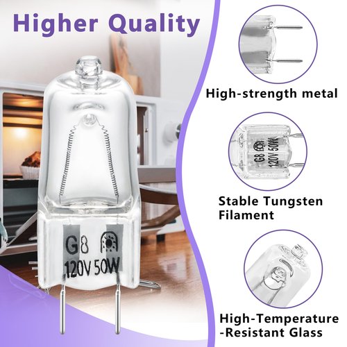 【8-Pack】 G8 Halogen Bulbs for Microwave Ovens, 120V 50W Compatible with LG 6912A40002J, GE WB08X10057 & Kenmore Models Replaces GE Oven Bulbs, Halogen Bulbs for Range Hoods and appliances