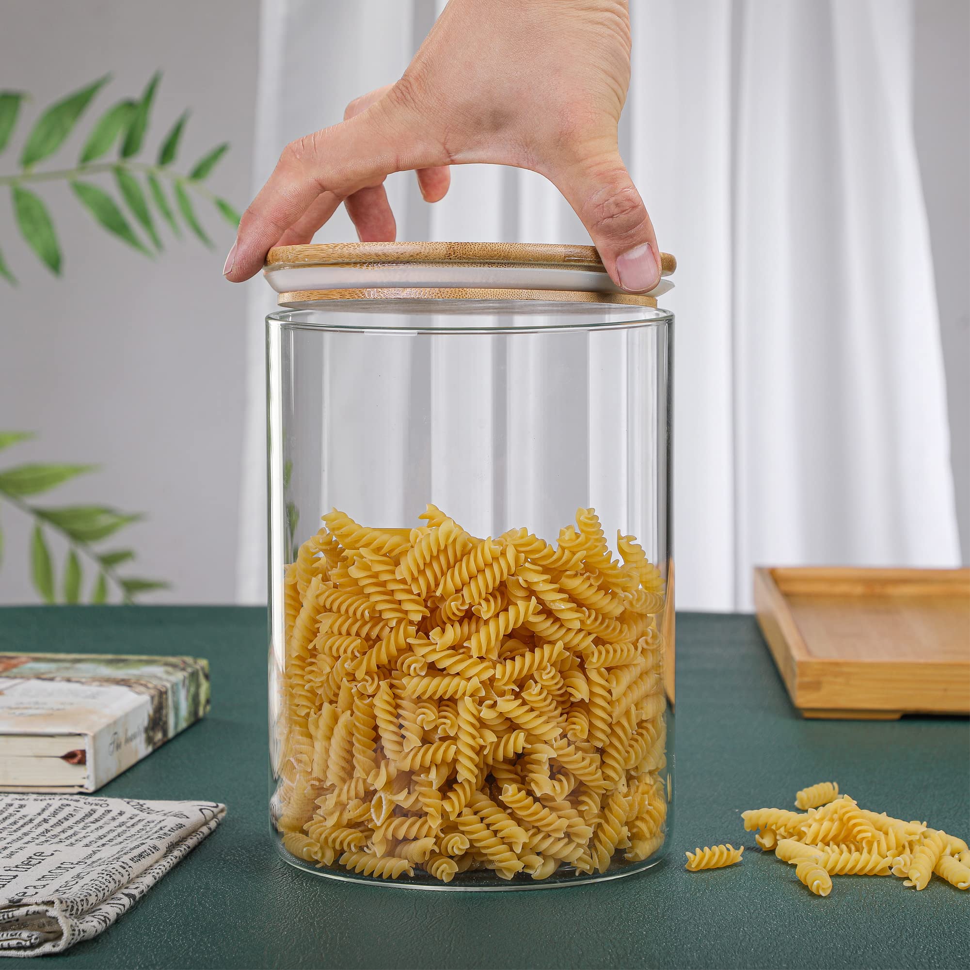 MOLADRI 3000 ML/100 FL OZ Clear Glass Storage Canister Holder with Airtight Bamboo Lid, Extra Large Container Jar for Flour Sugar Coffee Loose Tea Rice Cookie Cereal Pasta Spaghetti Protein Powder