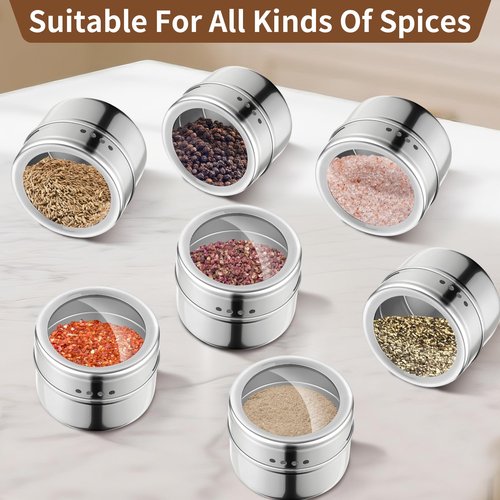 luqagol 12pcs Stainless Steel Spice Jars, Magnetic Condiment Tins Magnetic Spice Jar With Clear Lid And Holes Sift&Pour - Easy To Clean