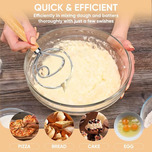 Maxjoy Danish Dough Whisk Wooden Dutch Bread Mixer with Stainless Steel Hook for Sourdough Baking Hand Tool