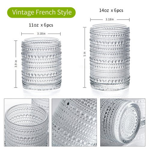 megarte Vintage Hobnail Drinking Glasses - Set of 12 Cocktail Glassware - 6 Pcs Jupiter Water Cups 14 oz & 6 Pcs Cute Beaded Bubble Textured Drinkware 11 oz for Wine Beer Juice Whiskey