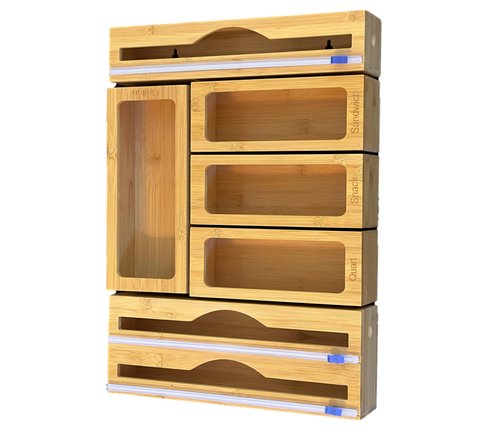 Incredinest Bamboo Drawer Organizer Bag Holder – Modular Design Zip Lock Bag Organizer Plastic Wrap Dispenser with Cutter – Baggie Organizer for Drawer with Single and Double Wrap Dispenser