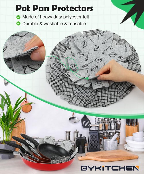 BYKITCHEN Pot and Pan Protectors for Stacking, Set of 9 & 3 Sizes, Felt Pan Separators Dividers Pads for Space Saving, Pot Protectors for Stacking and Protecting Your Cookware