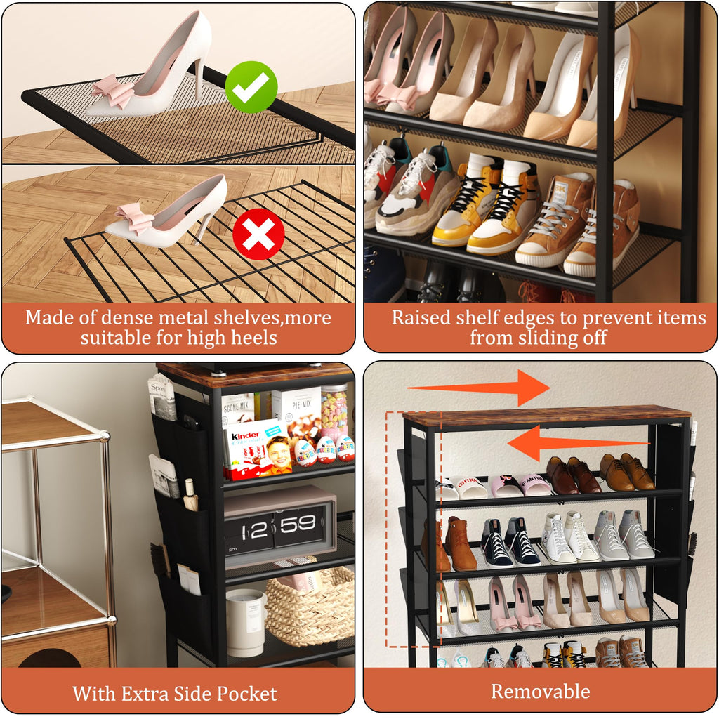 HOMEFORT 6 Tiers Shoe Rack for Entryway,30" Shoe Storage Shelf for Closet, Shoe Organizer with Adjustable Mesh Shelves, for 18-24 Pairs of Shoes, Industrial Shoe Stand with Side Pocket,Rustic Brown