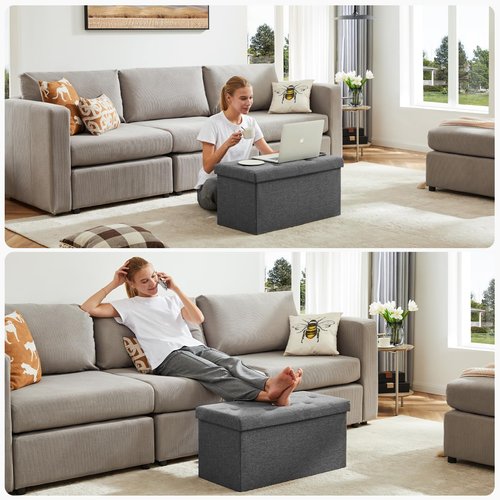 DUMOS 30in Foldable Storage Ottoman Bench, Storage Chest, End of Bed Foot Rest Stool with Padded Seat, Bedroom Bench for Living Room, Bedroom, Support 660lbs, Grey