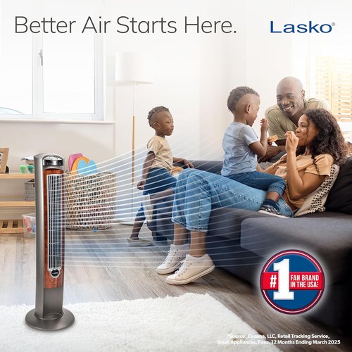 Lasko Oscillating Tower Fan - Quiet Remote-Controlled Floor Fan for Bedroom - 42" Woodgrain & Grey
