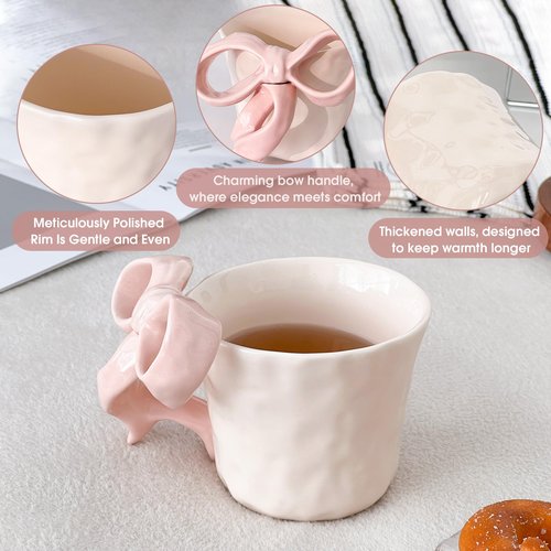 Movlen Pink Ceramic Coffee Mug with Bow Handle, Cute Girly Cup for 14oz, Handmade Kawaii Soup Mug for Latte Tea Milk Cocoa, Pretty Birthday Valentine Gifts for Women and Girls