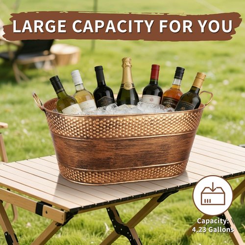 4 Gallon Galvanized Beverage Tub, 2 Pcs Heavy-Duty Copper Ice Buckets Large Galvanized Drink Buckets Oval Metal Beverage Ice Tub with Handles for Catering Bars Parties