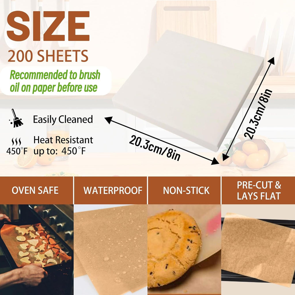 Skiennix Parchment Paper Sheets - 200 Pcs Food Grade Non-Stick Baking Liners | 8x8 Inch White