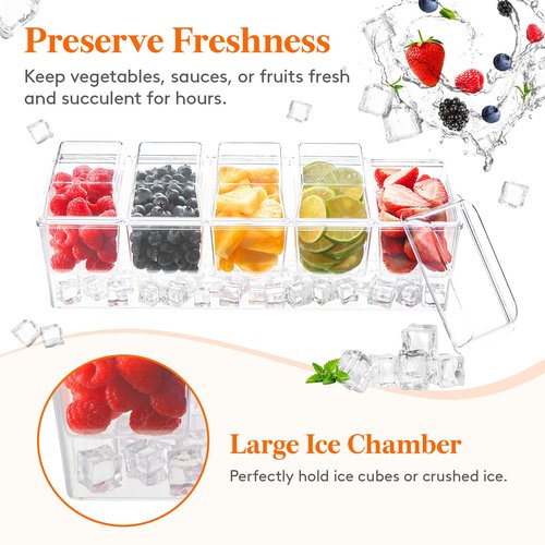 Lifewit 2 Pcs Ice Chilled Condiment Caddy with 5x20 oz Containers, Condiment Server with Separate Lid, Serving Tray Platter with Removable Dishes for Bar Fruit Salad Taco Party Garnish, 39 x13cm/15x5