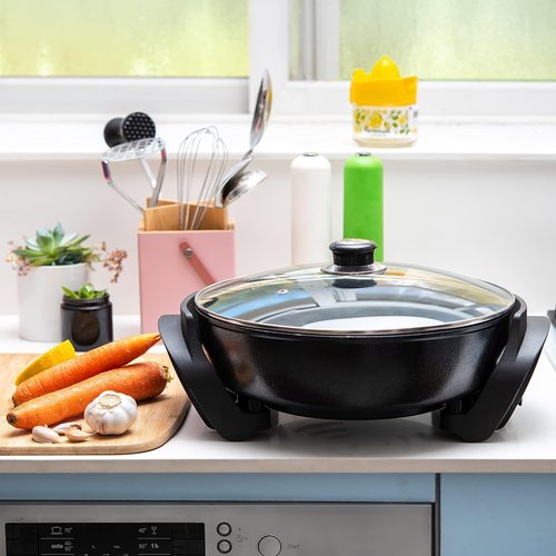 Moss & Stone Round Electric Skillet - 12-Inch Nonstick Frying Pan with Vented Glass Lid & Adjustable Temperature Control