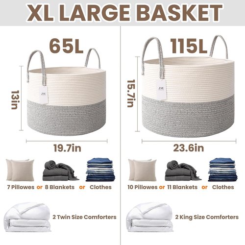 **JMvicyroam Extra Large Blanket Basket - Woven Cotton Rope Laundry Hamper with Reinforced Handles | White & Grey**