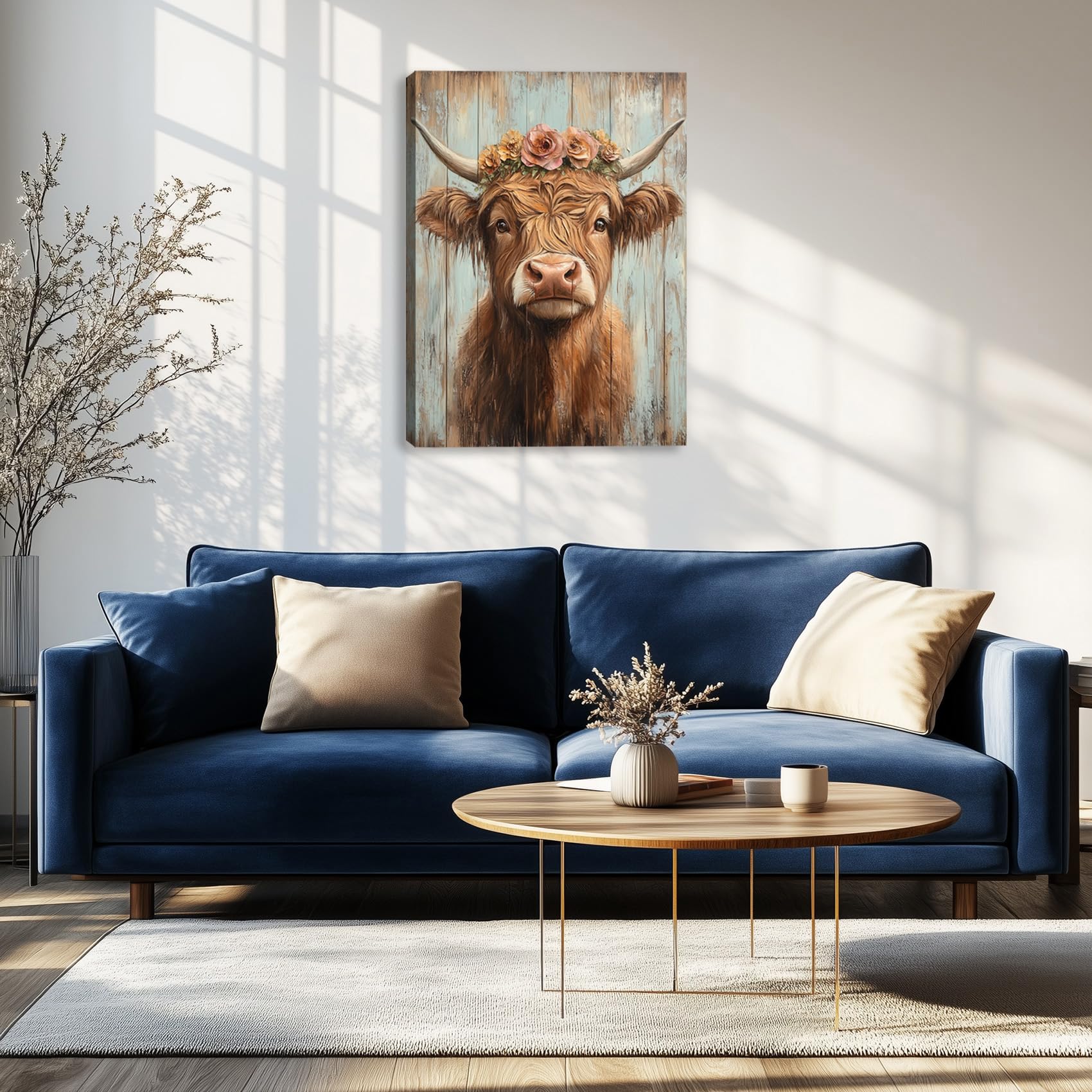 Highland Cow Canvas Wall Art for Living Room Rustic Farmhouse Picture Animal Print Painting Highland Cattle Flower Wall Decor Framed Artwork for Bedroom Office 24L x 18W