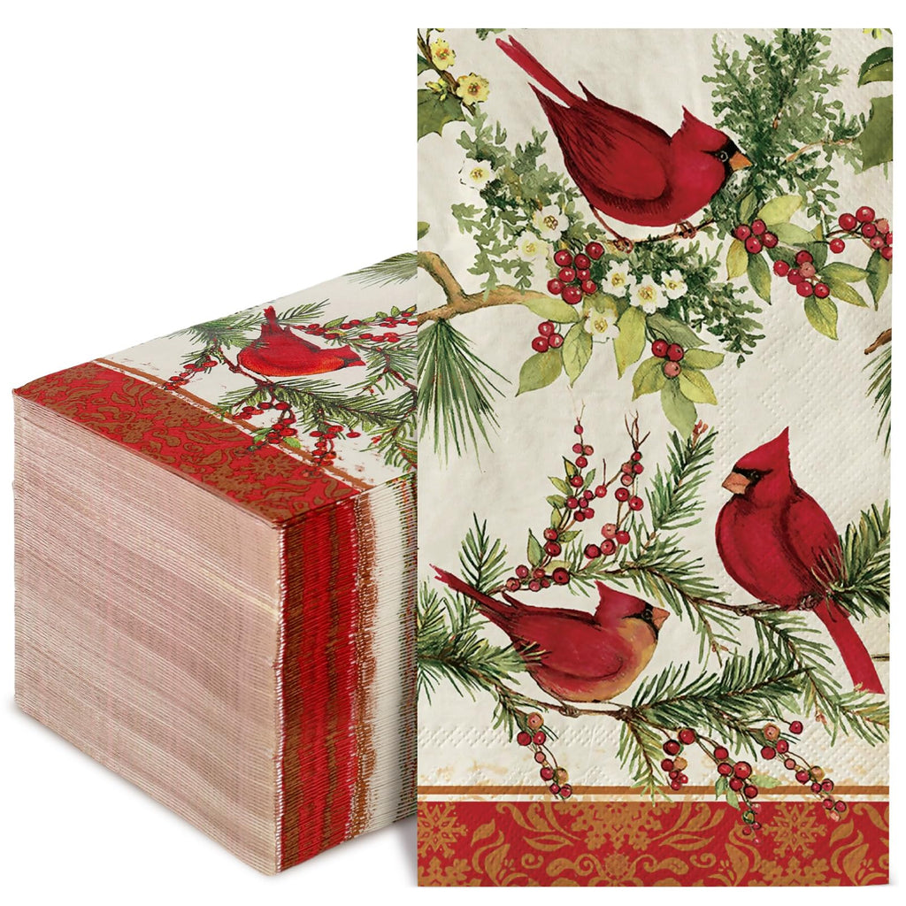 JarThenaAMCS 80Pcs Christmas Paper Guest Napkins Vintage Cardinal Bird Berry Bathroom Napkins Xmas Winter Disposable Guest Hand Towel Napkin for Home Party Supplies