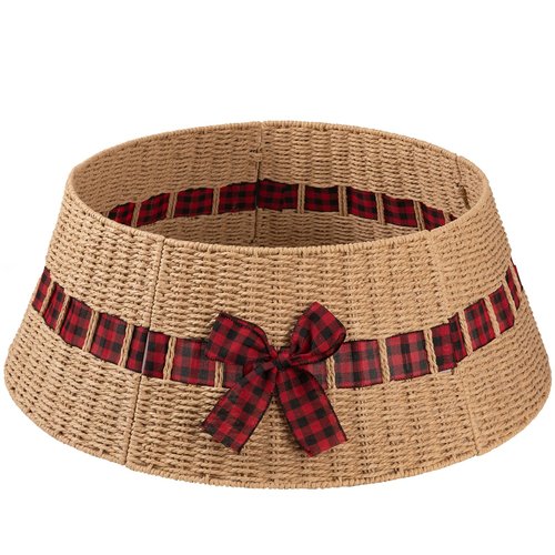 OIAHOMY Christmas Tree Collar, Wicker Holiday Tree Skirt & Stand Base Cover,Paper Rope Christmas Decor with a Bow Tie, Natural-27 inch