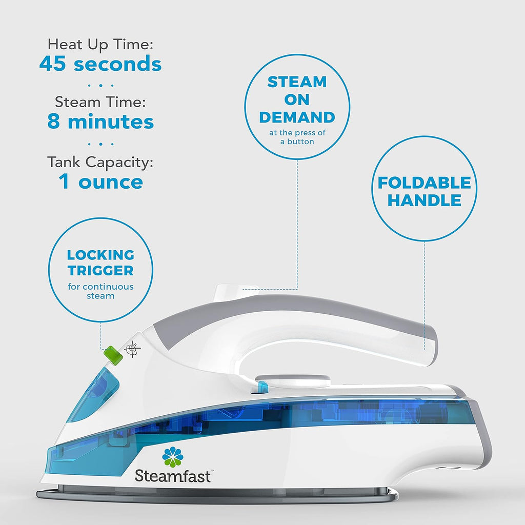 Steamfast SF-710 Mini Steam Iron - Portable, Non-Stick Sole Plate, 45-Second Heat Up, White