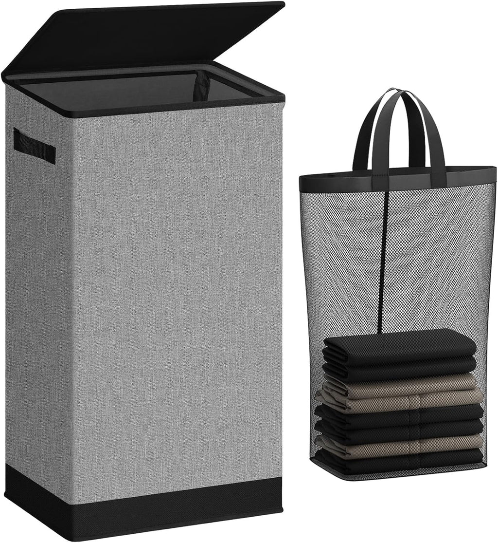 SOLEDI Laundry Hamper - 100L Collapsible Clothes Basket with Lid & Removable Bag | Grey
