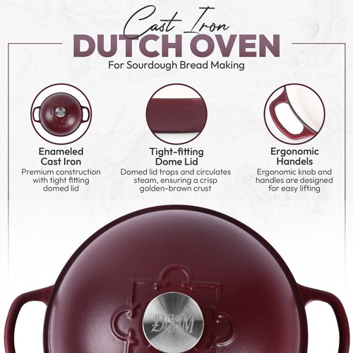 BIMM Cookware Cast Iron Dutch oven Pot with Lid for Sourdough Bread Baking – Versatile Bread Oven with Non-Stick Enamel Coating, Matte Finishing, Exquisite Embossed Pattern & Ergonomic Handles
