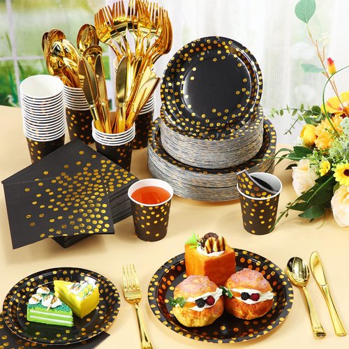 700 Pcs Black and Gold Party Supplies,Severs 100 Guests Disposable Dinnerware Kits Black Gold Paper Plates Napkins Cups Gold Plastic Forks Knives Spoons for Wedding Birthday Graduation Party