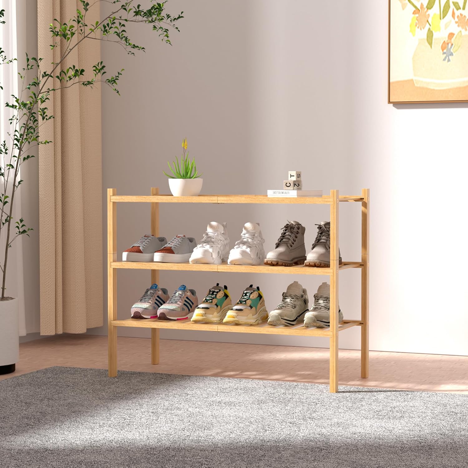 ROMGUAR CRAFT 3-Tier Bamboo Shoe Rack - Stackable Wood Storage Organizer for Small Spaces | 27"x11"x20" (Natural)