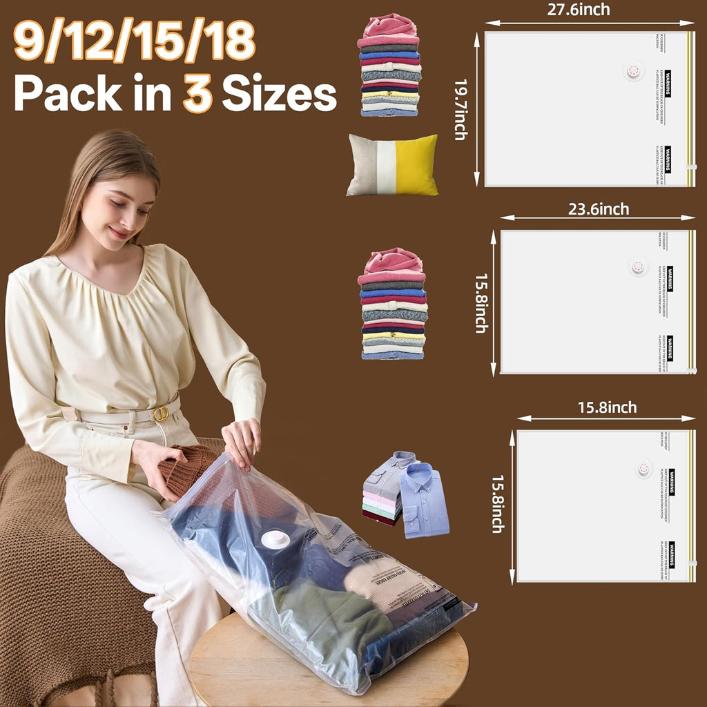 Skiennix Vacuum Storage Bags - 15 Pack with Rechargeable Cordless Pump for Travel & Home Organization