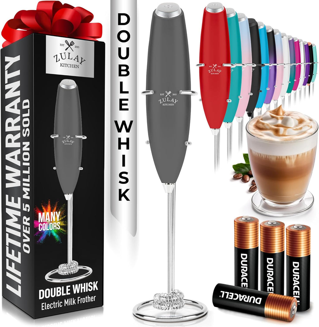 Zulay Kitchen Milk Frother - Powerful Handheld Whisk for Coffee, Lattes & More | Includes 4 Duracell Batteries