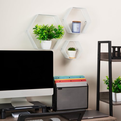 Mind Reader Hexagon Floating Shelves, Wall Decor, Honeycomb Accent Shelf, Office, Metal Mesh, 14" L x 4" W x 12" H, Set of 3, White