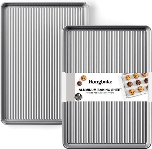 HONGBAKE Aluminum Cookie Sheets - Non-Stick Baking Pans with 50 Pcs Parchment Paper | 2-Pack, 12.8 x 17.7 in, Silver