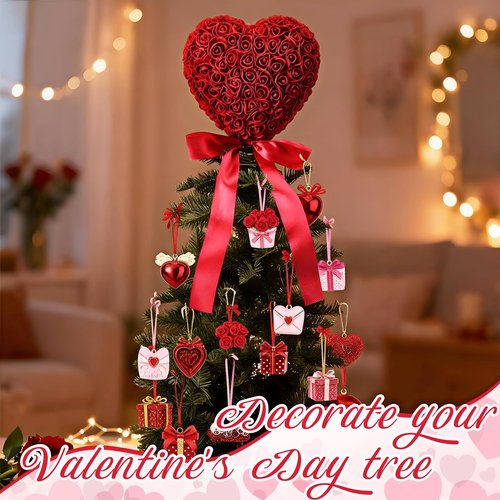 Soulchen Valentine Day Tree Topper 11.8 Inch Heart Tree Topper with Bow Rose Valentines Trees Ornaments Decorations for Valentine's Day Wedding Holiday Party Supplies(Red)