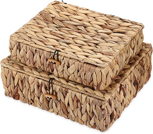 Natural Water Hyacinth Basket Set by [Brand Name] - Handwoven Rectangular Bins with Lids for Stylish Home Organization